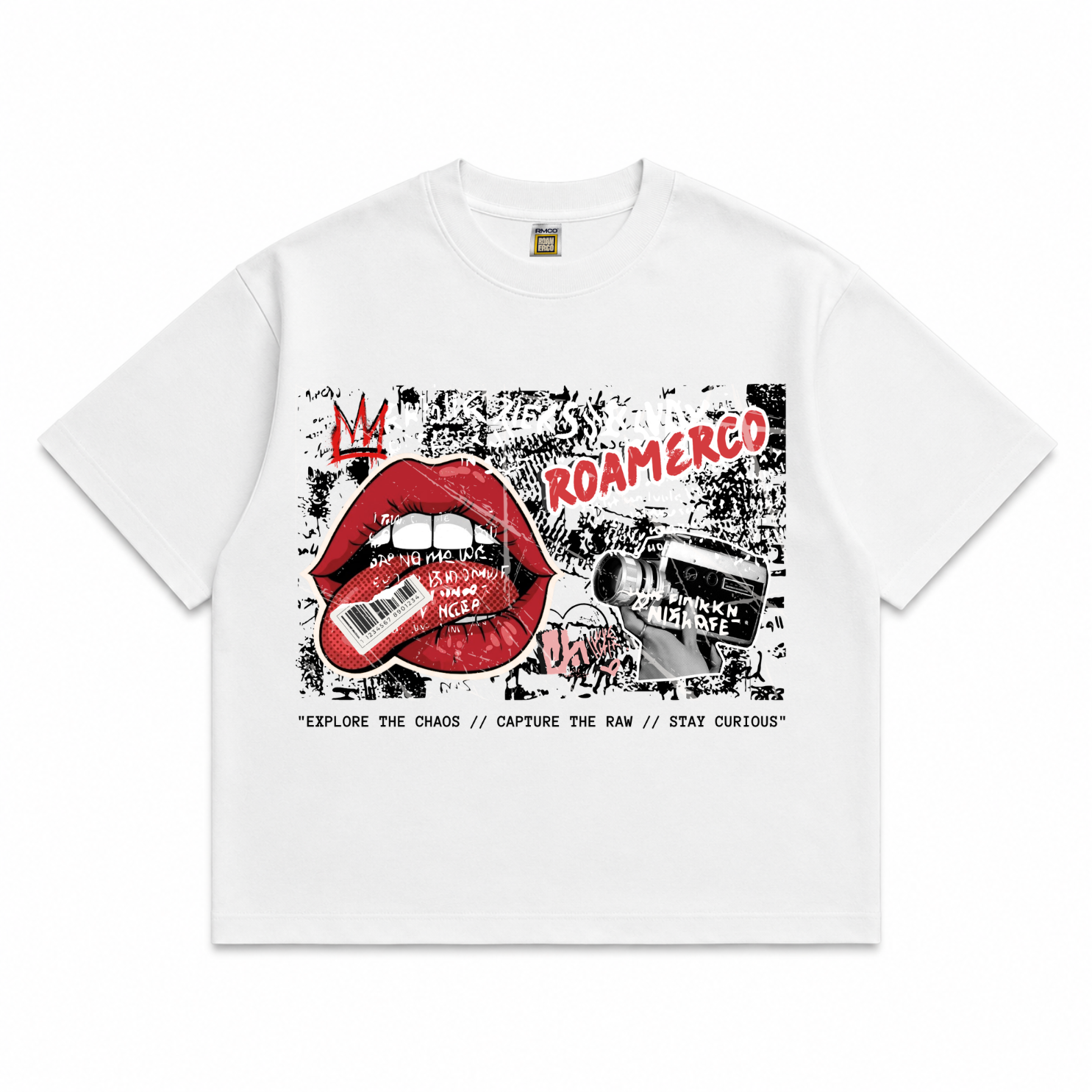 ROAMERCO Boxy Fit T-Shirt — White / Explore The Chaos