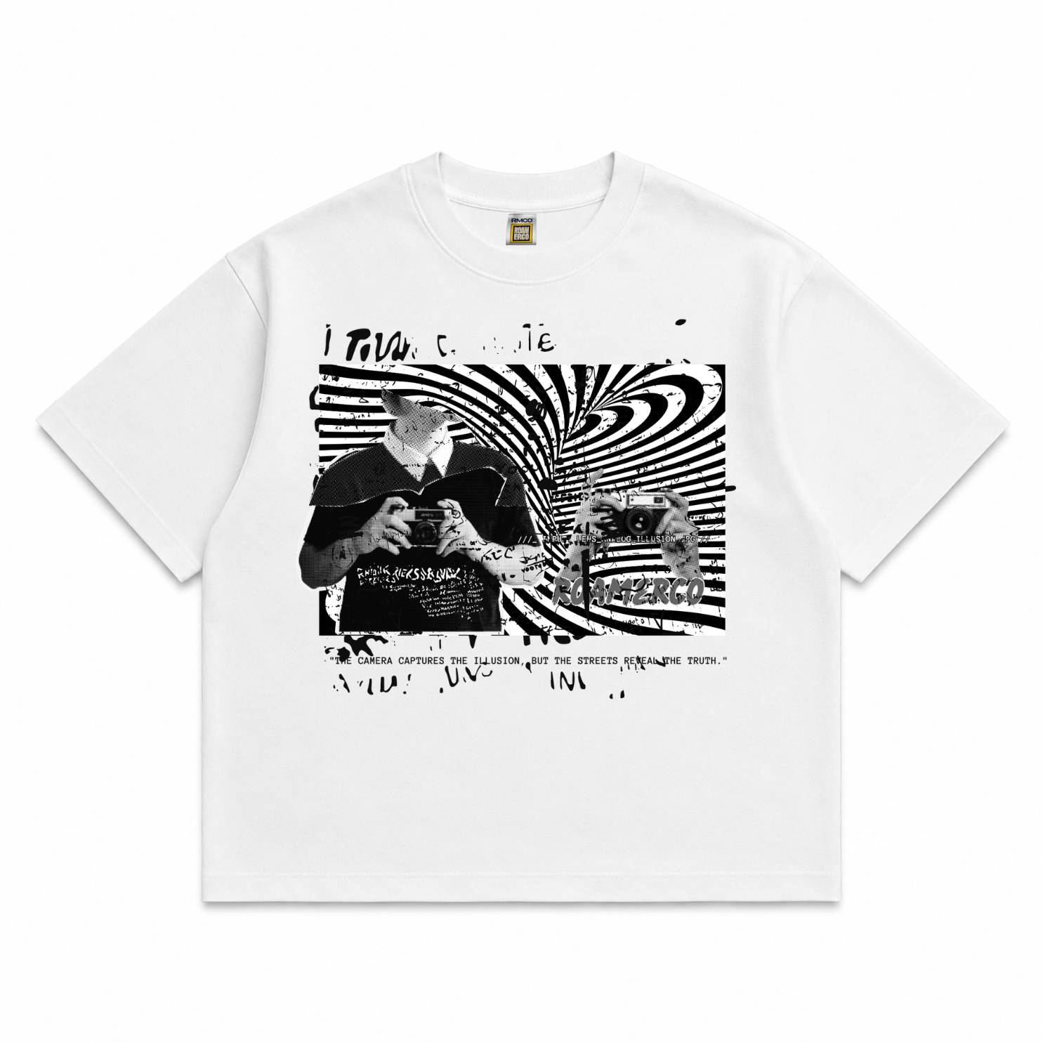 ROAMERCO Boxy Fit T-Shirt — White / Camera Illusion